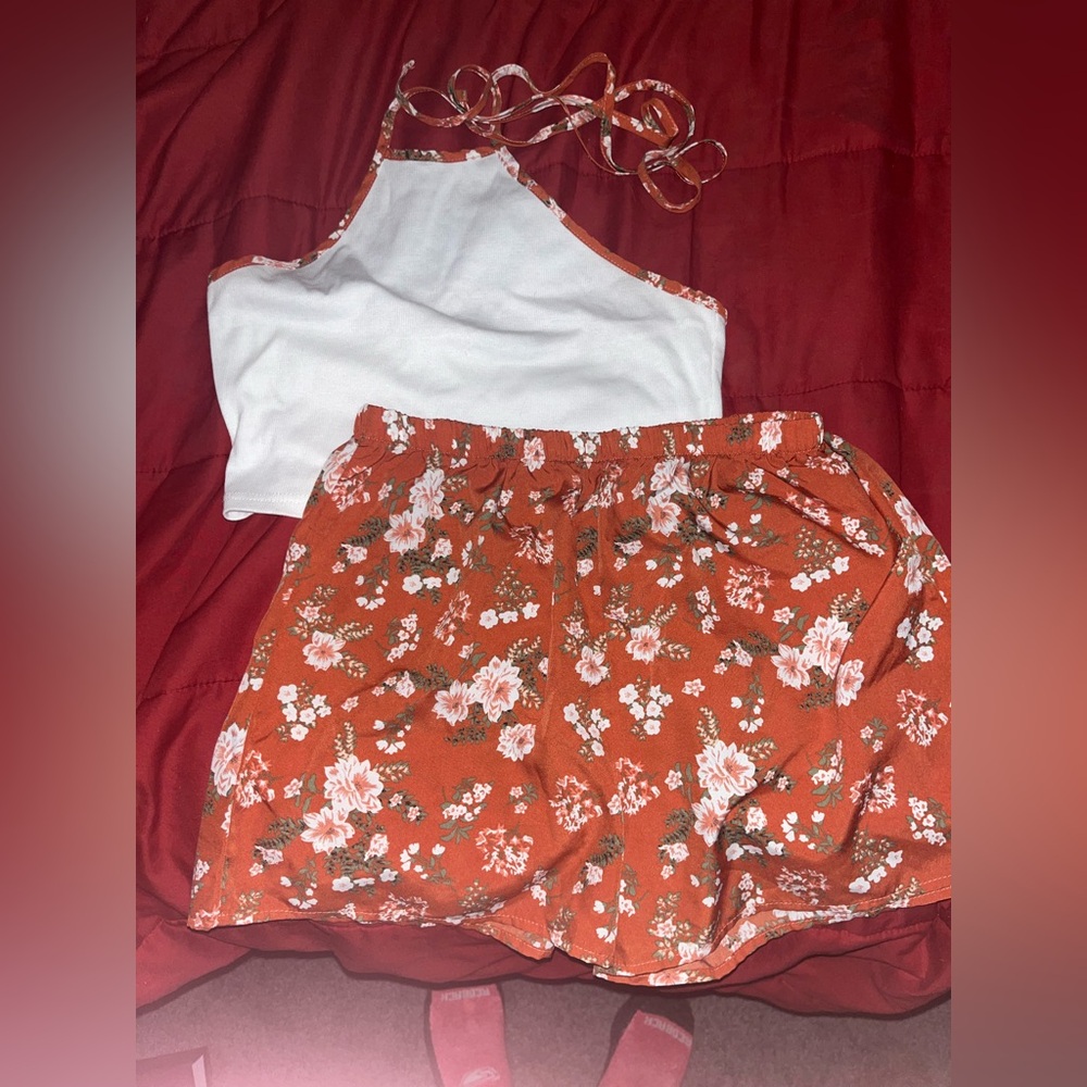 White, Orange, and Floral 2 piece set. Shorts and halter top.